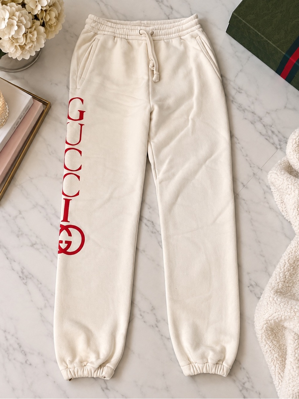 Gucci Cream Sweatpants with Red Side Logo